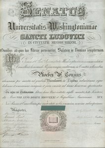 1871年5月8日、ワシントン大学のフィービー・クーザンズ卒業証書、WGエリオット大統領らと署名 作： William Greenleaf Eliot